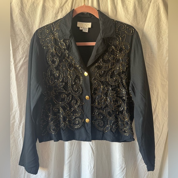 Vintage Cache Boxy Black Jacket with Beaded Gold Details and Floral Design #glam - Picture 1 of 5